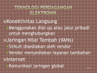 Konektivitas Langsung
Menggunakan dial-up atau jalur pribadi
untuk menghubungkan
Jaringan Nilai Tambah (VANs)
Sirkuit disediakan oleh vendor
Vendor menyediakan layanan tambahan
Internet
Komunikasi jaringan global 3-18
 
