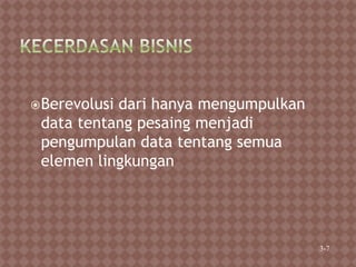 Berevolusi dari hanya mengumpulkan
data tentang pesaing menjadi
pengumpulan data tentang semua
elemen lingkungan
3-7
 