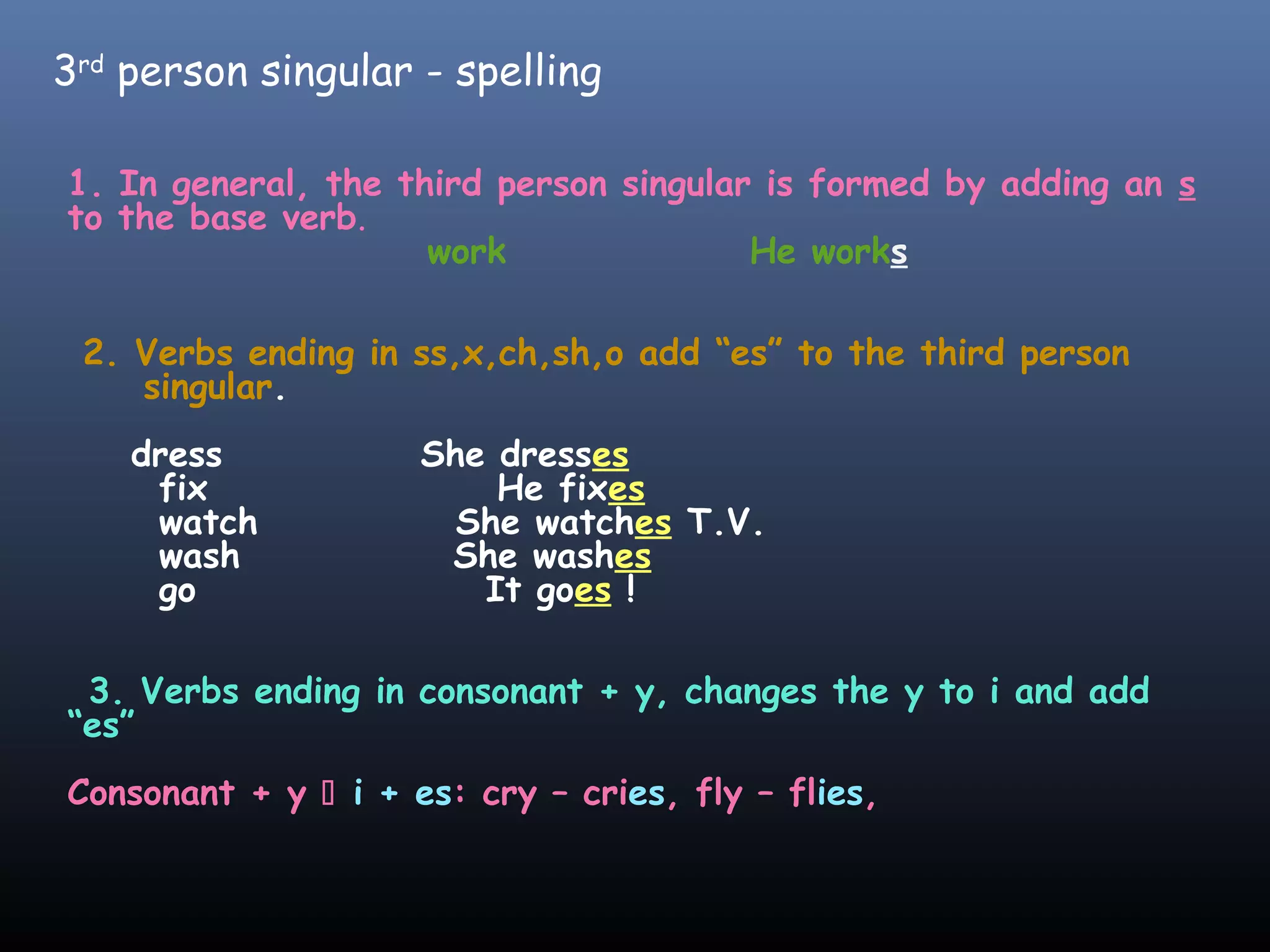 3rd person singular - spelling
1. In general, the third person singular is formed by adding an s
to the base verb.
work
He works
2. Verbs ending in ss,x,ch,sh,o add “es” to the third person
singular.
dress
fix
watch
wash
go
She dresses
He fixes
She watches T.V.
She washes
It goes !
3. Verbs ending in consonant + y, changes the y to i and add
“es”
Consonant + y i + es: cry – cries, fly – flies,
