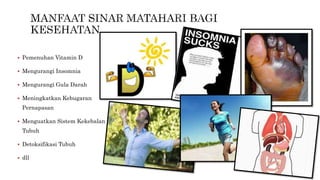  Pemenuhan Vitamin D 
 Mengurangi Insomnia 
 Mengurangi Gula Darah 
 Meningkatkan Kebugaran 
Pernapasan 
 Menguatkan Sistem Kekebalan 
Tubuh 
 Detoksifikasi Tubuh 
 dll 
 