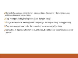 Serambi kanan dan serambi kiri mengembang (kontraksi) dan menguncup
(relaksasi) secara bersamaan.
Tiap ruangan pada jantung dilengkapi dengan katup.
Fungsi katup untuk mencegah tercampurnya darah pada tiap ruang jantung.
Tiap katup dapat membuka dan menutup seirama denyut jantung,
Denyut nadi dipengaruhi oleh usia, aktivitas, berat badan, kesehatan dan jenis
kelamin.
 