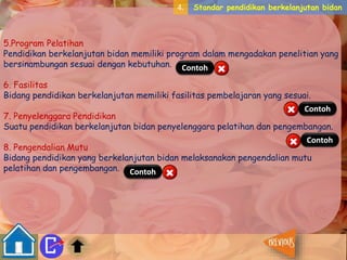 4. Standar pendidikan berkelanjutan bidan 
5.Program Pelatihan 
Pendidikan berkelanjutan bidan memiliki program dalam mengadakan penelitian yang 
bersinambungan sesuai dengan kebutuhan. 
Contoh 
6. Fasilitas 
Bidang pendidikan berkelanjutan memiliki fasilitas pembelajaran yang sesuai. 
Contoh 
7. Penyelenggara Pendidikan 
Suatu pendidikan berkelanjutan bidan penyelenggara pelatihan dan pengembangan. 
Contoh 
8. Pengendalian Mutu 
Bidang pendidikan yang berkelanjutan bidan melaksanakan pengendalian mutu 
pelatihan dan pengembangan. 
Contoh 
 