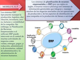 Los sistemas de planificación de recursos
                                     empresariales, o ERP (por sus siglas en
  MODELO E. R. P               inglés, Enterprise resource planning) son sistemas de
                                información gerenciales que integran y manejan
Los sistemas ERP              muchos de los negocios asociados con las operaciones
típicamente manejan la         de producción y de los aspectos de distribución de
producción, logística, dist   una compañía en la producción de bienes o servicios.
ribución, inventario, enví
os, facturas y contabilidad
de la compañía. Sin
embargo, la Planificación
de Recursos
Empresariales o el
software ERP puede
intervenir en el control de
muchas actividades de
negocios como
ventas, entregas, pagos, p
roducción, administració
n de inventarios, calidad
de administración y la
administración de
recursos humanos.
 