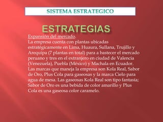 Expansión del mercado.
La empresa cuenta con plantas ubicadas
estratégicamente en Lima, Huaura, Sullana, Trujillo y
Arequipa (7 plantas en total) para a bastecer el mercado
peruano y tres en el extranjero en ciudad de Valencia
(Venezuela), Puebla (México) y Machala en Ecuador.
Las marcas que maneja la empresa son Kola Real, Sabor
de Oro, Plus Cola para gaseosas y la marca Cielo para
agua de mesa. Las gaseosas Kola Real son tipo fantasía;
Sabor de Oro es una bebida de color amarillo y Plus
Cola es una gaseosa color caramelo.
 