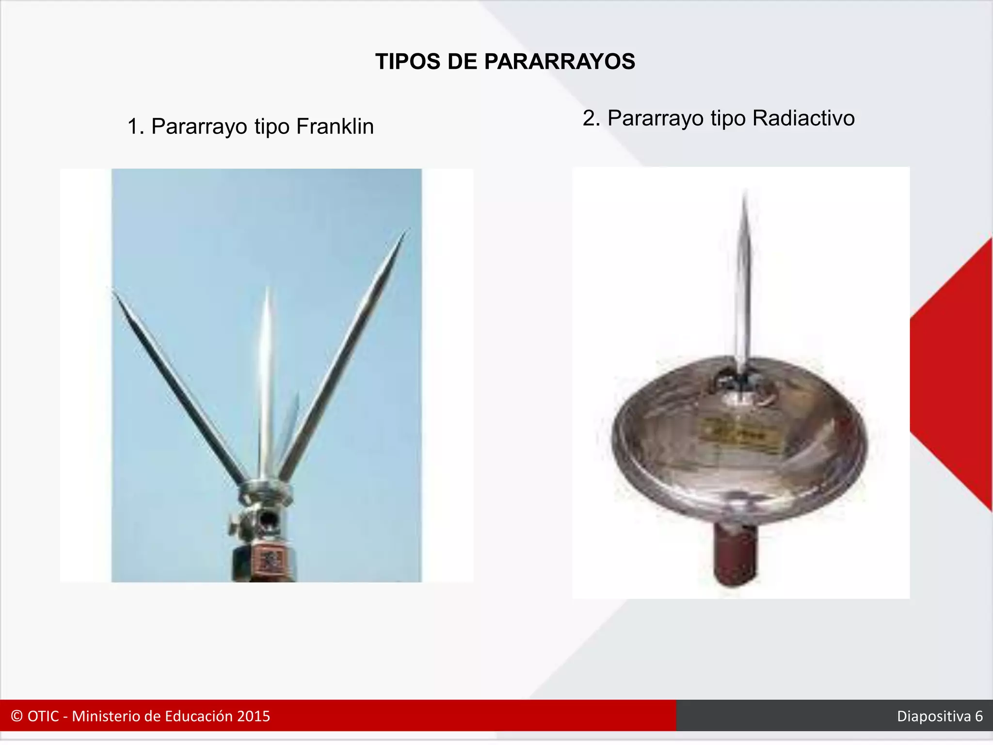 TIPOS DE PARARRAYOS
2. Pararrayo tipo Radiactivo1. Pararrayo tipo Franklin
© OTIC - Ministerio de Educación 2015 Diapositiva 6
 