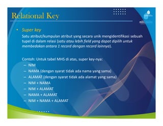 Relational Key
• Super key
Satu atribut/kumpulan atribut yang secara unik mengidentifikasi sebuah
tupel di dalam relasi (satu atau lebih field yang dapat dipilih untuk
membedakan antara 1 record dengan record lainnya).
Contoh: Untuk tabel MHS di atas, super key-nya:
– NIM
– NAMA (dengan syarat tidak ada nama yang sama)
– ALAMAT (dengan syarat tidak ada alamat yang sama)
– NIM + NAMA
– NIM + ALAMAT
– NAMA + ALAMAT
– NIM + NAMA + ALAMAT
 