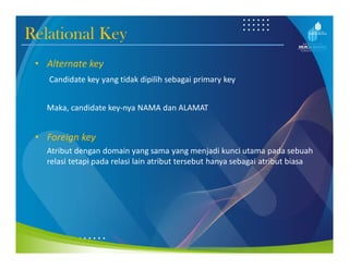 Relational Key
• Alternate key
Candidate key yang tidak dipilih sebagai primary key
Maka, candidate key-nya NAMA dan ALAMAT
• Foreign key
Atribut dengan domain yang sama yang menjadi kunci utama pada sebuah
relasi tetapi pada relasi lain atribut tersebut hanya sebagai atribut biasa
 