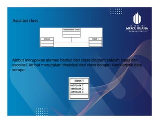Asosiasi class
Atribut merupakan elemen berikut dari class diagram setelah class dan
asosiasi. Atribut merupakan deskripsi dari class dengan karakteristik data
serupa.
 