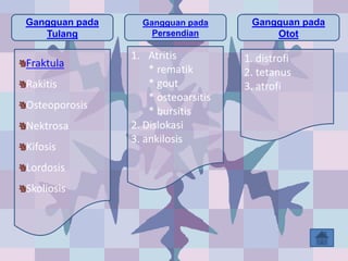 Gangguan pada
Tulang

Fraktula
Rakitis
Osteoporosis
Nektrosa
Kifosis
Lordosis
Skoliosis

Gangguan pada
Persendian

1. Atritis
* rematik
* gout
* osteoarsitis
* bursitis
2. Dislokasi
3. ankilosis

Gangguan pada
Otot

1. distrofi
2. tetanus
3. atrofi

 