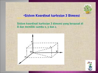 •Sistem Koordinat kartesian 3 Dimensi
Sistem koordinat kartesian 3 dimensi yang berpusat di
O dan memiliki sumbu x, y dan z.

 