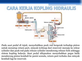 Pada saat pedal di injak, menyebabkan push rod bergerak terhadap piston
untuk menutup return port, minyak terhisap dari reservoir menuju ke relese
cylinder dan push rod pada release cylinder mendorong release fork sehingga
sistem kopling bekerja. Saat pedal dilepaskan menyebabkan pegas balik
mendorong piston kembali ke posisi semula, return port terbuka dan minyak
kembali lagi ke reservoir.
 