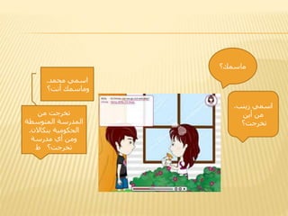 ‫ماسمك؟‬
‫محمد‬ ‫اسمي‬.
‫أنت؟‬ ‫وماسمك‬
‫زينب‬ ‫اسمي‬.
‫أين‬ ‫من‬
‫تخرجت؟‬
‫من‬ ‫تخرجت‬
‫المتوسطة‬ ‫المدرسة‬
‫بنكاالن‬ ‫الحكومية‬.
‫مدرسة‬ ‫أي‬ ‫ومن‬
‫ط‬ ‫تخرجت؟‬
 