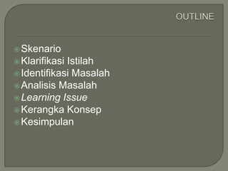  Skenario
 KlarifikasiIstilah
 Identifikasi Masalah
 Analisis Masalah
 Learning Issue
 Kerangka Konsep
 Kesimpulan
 