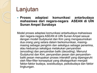 Lanjutan 
 Proses adaptasi komunikasi antarbudaya 
mahasiswa dari negara-negara ASEAN di UIN 
Sunan Ampel Surabaya 
Model proses adaptasi komunikasi antarbudaya mahasiswa 
dari negara-negara ASEAN di UIN Sunan Ampel sesuai 
dengan model Gudykunst dan Kim yang mengasumsikan 
dua orang yang setara dalam berkomunikasi, masing-masing 
sebagai pengirim dan sekaligus sebagai penerima, 
atau keduanya sekaligus melakukan penyandian 
(encoding) dan penyandian balik (decoding). Menurut 
Gudykunst dan Kim, penyandian pesan dan penyandian-balik 
pesan merupakan proses interaktif yang dipengaruhi 
oleh filter-filter konseptual yang dikatagorikan menjadi 
faktor-faktor budaya, sosiobudaya, psikobudaya dan faktor 
lingkungan. 
