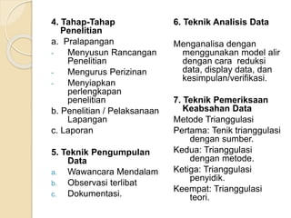 4. Tahap-Tahap 
Penelitian 
a. Pralapangan 
- Menyusun Rancangan 
Penelitian 
- Mengurus Perizinan 
- Menyiapkan 
perlengkapan 
penelitian 
b. Penelitian / Pelaksanaan 
Lapangan 
c. Laporan 
5. Teknik Pengumpulan 
Data 
a. Wawancara Mendalam 
b. Observasi terlibat 
c. Dokumentasi. 
6. Teknik Analisis Data 
Menganalisa dengan 
menggunakan model alir 
dengan cara reduksi 
data, display data, dan 
kesimpulan/verifikasi. 
7. Teknik Pemeriksaan 
Keabsahan Data 
Metode Trianggulasi 
Pertama: Tenik trianggulasi 
dengan sumber. 
Kedua: Trianggulasi 
dengan metode. 
Ketiga: Trianggulasi 
penyidik. 
Keempat: Trianggulasi 
teori. 
 