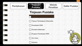 Tinjauan
Pustaka
Metode
Penelitian
Pendahuluan Daftar Pustaka
Tinjauan Pembelajaran Matematika
Pendekatan PMRI
Penalaran Matematis
Pengaruh Pendekatan PMRI
Tes Uraian
Hipotesis
 