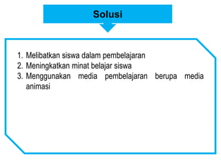 Solusi
1. Melibatkan siswa dalam pembelajaran
2. Meningkatkan minat belajar siswa
3. Menggunakan media pembelajaran berupa media
animasi
 