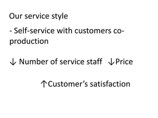 Our service style
- Self-service with customers co-
production

↓ Number of service staff ↓Price

        ↑Customer’s satisfaction
 