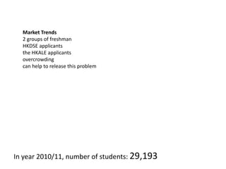 Market Trends
  2 groups of freshman
  HKDSE applicants
  the HKALE applicants
  overcrowding
  can help to release this problem




In year 2010/11, number of students: 29,193
 