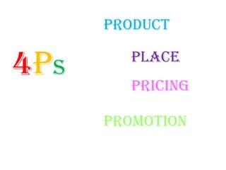 Product

4Ps     Place
        Pricing

      Promotion
 