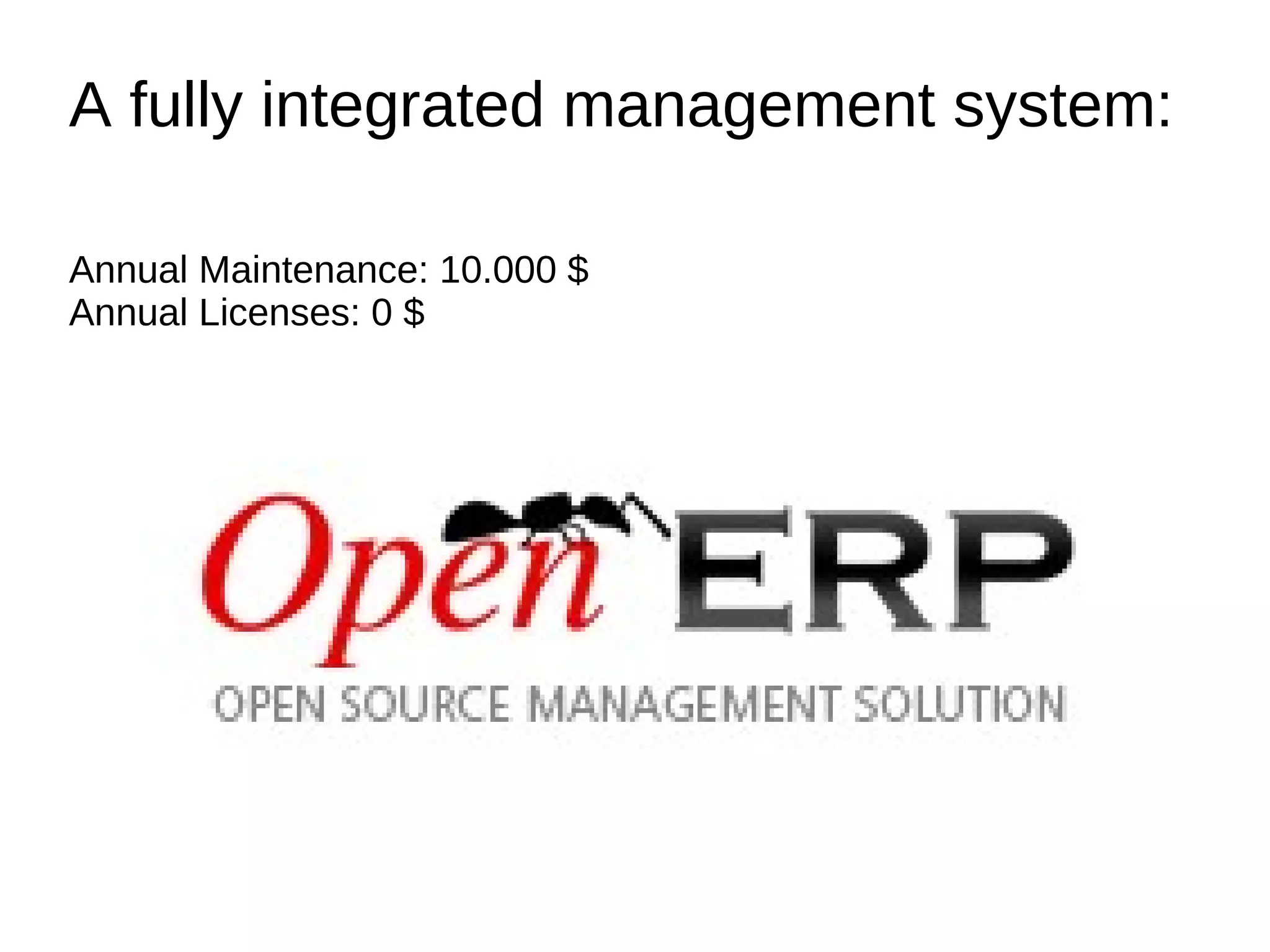 A fully integrated management system:

Annual Maintenance: 10.000 $
Annual Licenses: 0 $
 