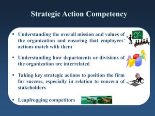 Strategic Action Competency
 Understanding the overall mission and values of
the organization and ensuring that employees’
actions match with them
 Understanding how departments or divisions of
the organization are interrelated
 Taking key strategic actions to position the firm
for success, especially in relation to concern of
stakeholders
 Leapfrogging competitors
 