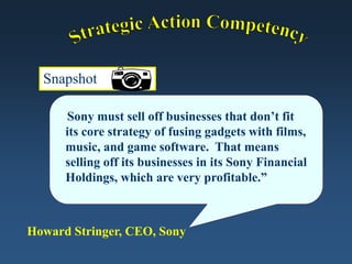 Snapshot
“Sony must sell off businesses that don’t fit
its core strategy of fusing gadgets with films,
music, and game software. That means
selling off its businesses in its Sony Financial
Holdings, which are very profitable.”
Howard Stringer, CEO, Sony
 