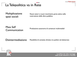 La Telepolitica va in Rete

Moltiplicazione      Nuovi attori e nuovi movimenti, parte attiva nella
spazi sociali        costruzione della sfera pubblica




Mass Self            Produzione autonoma di contenuti multimediali
Communication


Disintermediazione   Possibilità di contatto diretto tra politici ed elettorato
 