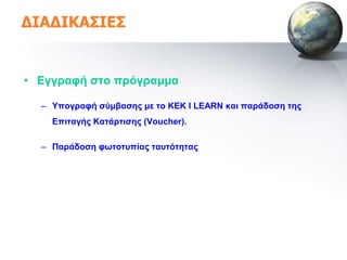ΔΙΑΔΙΚΑΣΙΕΣ


• Δγγξαθή ζην πξόγξακκα

  – Τπνγξαθή ζύκβαζεο κε ην ΚΔΚ I LEARN θαη παξάδνζε ηεο
    Δπηηαγήο Καηάξηηζεο (Voucher).

  – Παξάδνζε θωηνηππίαο ηαπηόηεηαο
 