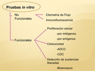 Pruebas in vitro
No
Funcionales
Funcionales
Proliferación celular
-por mitógenos
-por antígenos
Citotoxicidad
-ADCC
-CDC
Detección de sustancias
liberadas
-Bioensayos
Citometría de Flujo
Inmunofluorescencia
 