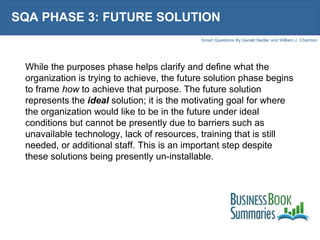 SQA PHASE 3: FUTURE SOLUTION While the purposes phase helps clarify and define what the organization is trying to achieve,...