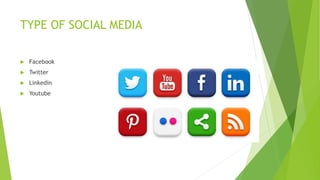 TYPE OF SOCIAL MEDIA
 Facebook
 Twitter
 Linkedin
 Youtube
 