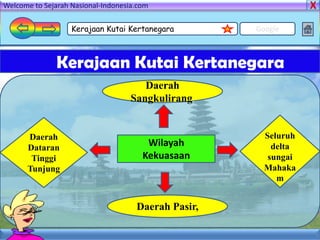 Welcome to Sejarah Nasional-Indonesia.com

                   Kerajaan Kutai Kertanegara        Google



               Kerajaan Kutai Kertanegara
                                       Daerah
                                    Sangkulirang,


      Daerah                                           Seluruh
      Dataran
                                        Wilayah          delta
       Tinggi                          Kekuasaan        sungai
      Tunjung                                          Mahaka
                                                          m


                                     Daerah Pasir,
 