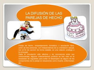 LA DIFUSIÓN DE LAS 
PAREJAS DE HECHO 
Pareja de hecho, emparejamiento doméstico o asociación libre: 
unión de dos personas, con independencia de su orientación sexual, 
con el fin de convivir de forma estable, en una relación análoga a 
la conyugal. 
Dada la vinculación sólo afectiva y de convivencia entre sus 
componentes, algunos ordenamientos jurídicos se han visto en la 
necesidad de regularlas para evitar el desamparo de alguno de los 
componentes de la pareja en situaciones como muerte, enfermedad, 
etc. 
 