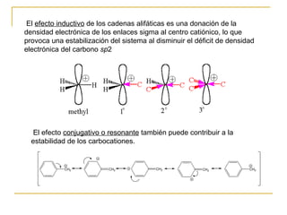 El  efecto inductivo  de los cadenas alifáticas es una donación de la densidad electrónica de los enlaces sigma al centro catiónico, lo que provoca una estabilización del sistema al disminuir el déficit de densidad electrónica del carbono  sp 2  El efecto  conjugativo o resonante  también puede contribuir a la estabilidad de los carbocationes.  