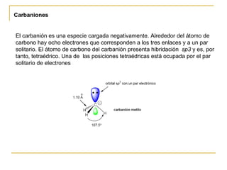 Carbaniones   El carbanión es una especie cargada negativamente. Alrededor del átomo de carbono hay ocho electrones que corresponden a los tres enlaces y a un par solitario. El átomo de carbono del carbanión presenta hibridación  sp3  y es, por tanto, tetraédrico. Una de  las posiciones tetraédricas está ocupada por el par solitario de electrones  
