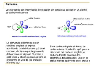 Carbenos. Los carbenos son intermedios de reacción sin carga que contienen un átomo de carbono divalente  La estructura electrónica de un carbeno singlete se explica admitiendo una hibridación  sp2  en el carbono, de forma que la geometría del carbeno es trigonal. El orbital  p  está vacío y el par electrónico libre se encuentra en uno de los orbitales híbridos  sp2   En el carbeno triplete el átomo de carbono tiene hibridación  sp 2, pero a diferencia del carbeno singlete, el carbeno triplete contiene dos electrones desapareados, uno en el orbital híbrido  sp 2 y otro en el orbital  p   