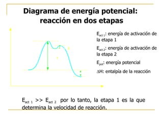 Diagrama de energía potencial:  reacción en dos etapas E act 1 : energía de activación de la etapa 1 E act 2 : energía de activación de la etapa 2 E pot : energía potencial  H: entalpía de la reacción E act 1  >> E act 2  por lo tanto, la etapa 1 es la que determina la velocidad de reacción.  