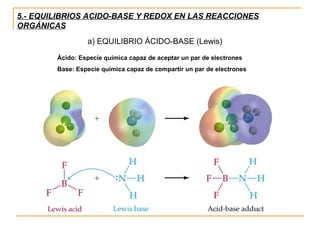 5.- EQUILIBRIOS ACIDO-BASE Y REDOX EN LAS REACCIONES ORGÁNICAS a) EQUILIBRIO ÁCIDO-BASE (Lewis) Ácido: Especie química capaz de aceptar un par de electrones Base: Especie química capaz de compartir un par de electrones 