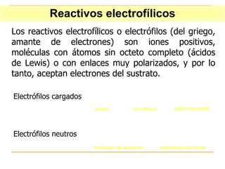 Los reactivos electrofílicos o electrófilos (del griego, amante de electrones) son iones positivos, moléculas con átomos sin octeto completo (ácidos de Lewis) o con enlaces muy polarizados, y por lo tanto, aceptan electrones del sustrato.  Electrófilos cargados Electrófilos neutros Reactivos electrofílicos 