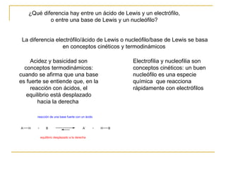 ¿Qué diferencia hay entre un ácido de Lewis y un electrófilo,  o entre una base de Lewis y un nucleófilo?  La diferencia electrófilo/ácido de Lewis o nucleófilo/base de Lewis se basa en conceptos cinéticos y termodinámicos  Acidez y basicidad son conceptos termodinámicos: cuando se afirma que una base es fuerte se entiende que, en la reacción con ácidos, el equilibrio está desplazado hacia la derecha  Electrofilia y nucleofilia son conceptos cinéticos: un buen nucleófilo es una especie química  que reacciona rápidamente con electrófilos  