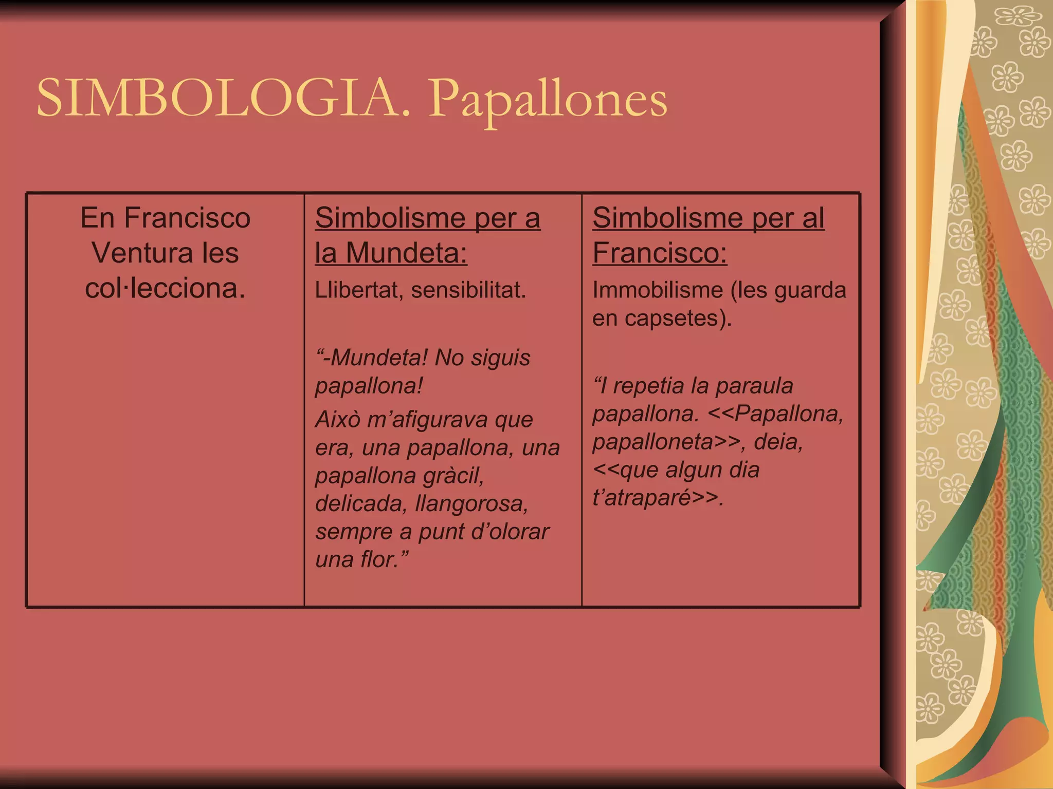 SIMBOLOGIA. Papallones En Francisco Ventura les col·lecciona. Simbolisme per a la Mundeta: Llibertat, sensibilitat. “ -Mundeta! No siguis papallona! Això m’afigurava que era, una papallona, una papallona gràcil, delicada, llangorosa, sempre a punt d’olorar una flor.” Simbolisme per al Francisco: Immobilisme (les guarda en capsetes). “ I repetia la paraula papallona. <<Papallona, papalloneta>>, deia, <<que algun dia t’atraparé>>. 