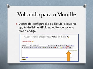 Voltando para o Moodle
O Dentro da configuração de Rótulo, clique na

opção de Editar HTML no editor de texto, e
cole o código.

 