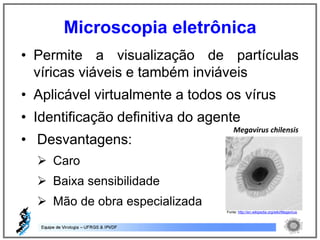 • Permite a visualização de partículas
víricas viáveis e também inviáveis
• Aplicável virtualmente a todos os vírus
• Identificação definitiva do agente
• Desvantagens:
 Caro
 Baixa sensibilidade
 Mão de obra especializada
Microscopia eletrônica
Fonte: http://en.wikipedia.org/wiki/Megavirus
Megavirus chilensis
 