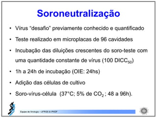 • Vírus “desafio” previamente conhecido e quantificado
• Teste realizado em microplacas de 96 cavidades
• Incubação das diluições crescentes do soro-teste com
uma quantidade constante de vírus (100 DICC50)
• 1h a 24h de incubação (OIE: 24hs)
• Adição das células de cultivo
• Soro-vírus-célula (37°C; 5% de CO2 ; 48 a 96h).
Soroneutralização
 