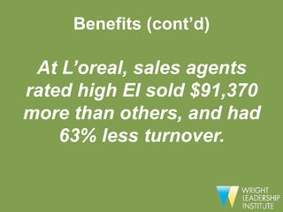Benefits (cont’d)

 At L’oreal, sales agents
rated high EI sold $91,370
more than others, and had
    63% less turnover.
 