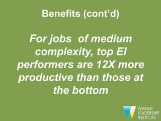 Benefits (cont’d)

  For jobs of medium
   complexity, top EI
performers are 12X more
productive than those at
       the bottom
 