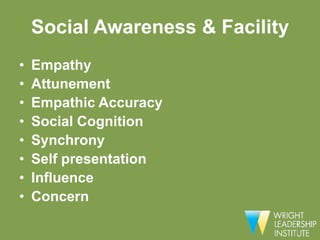 Social Awareness & Facility
•   Empathy
•   Attunement
•   Empathic Accuracy
•   Social Cognition
•   Synchrony
•   Self presentation
•   Influence
•   Concern
 