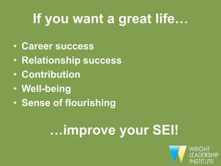 If you want a great life…
•   Career success
•   Relationship success
•   Contribution
•   Well-being
•   Sense of flourishing

         …improve your SEI!
 