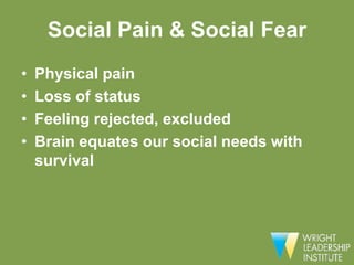 Social Pain & Social Fear
•   Physical pain
•   Loss of status
•   Feeling rejected, excluded
•   Brain equates our social needs with
    survival
 
